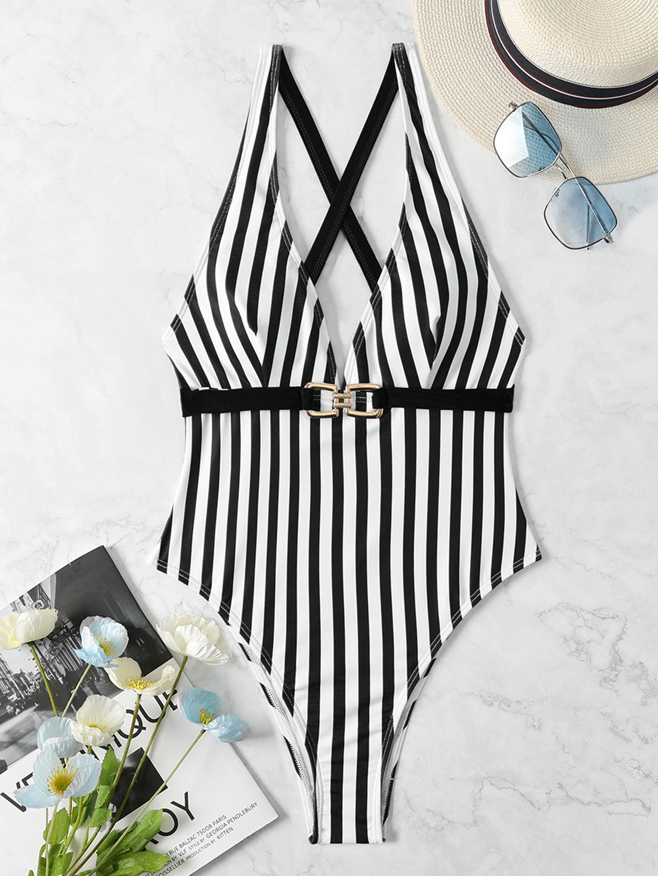 Black And White Striped One-piece Swimsuit Bikini
