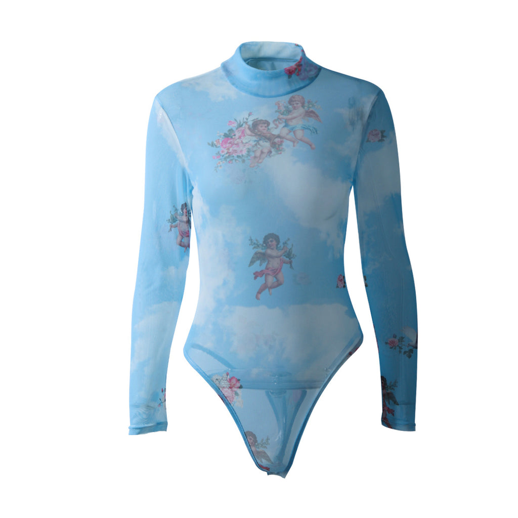 European And American Angel Net Printed Long Sleeve Jumpsuit