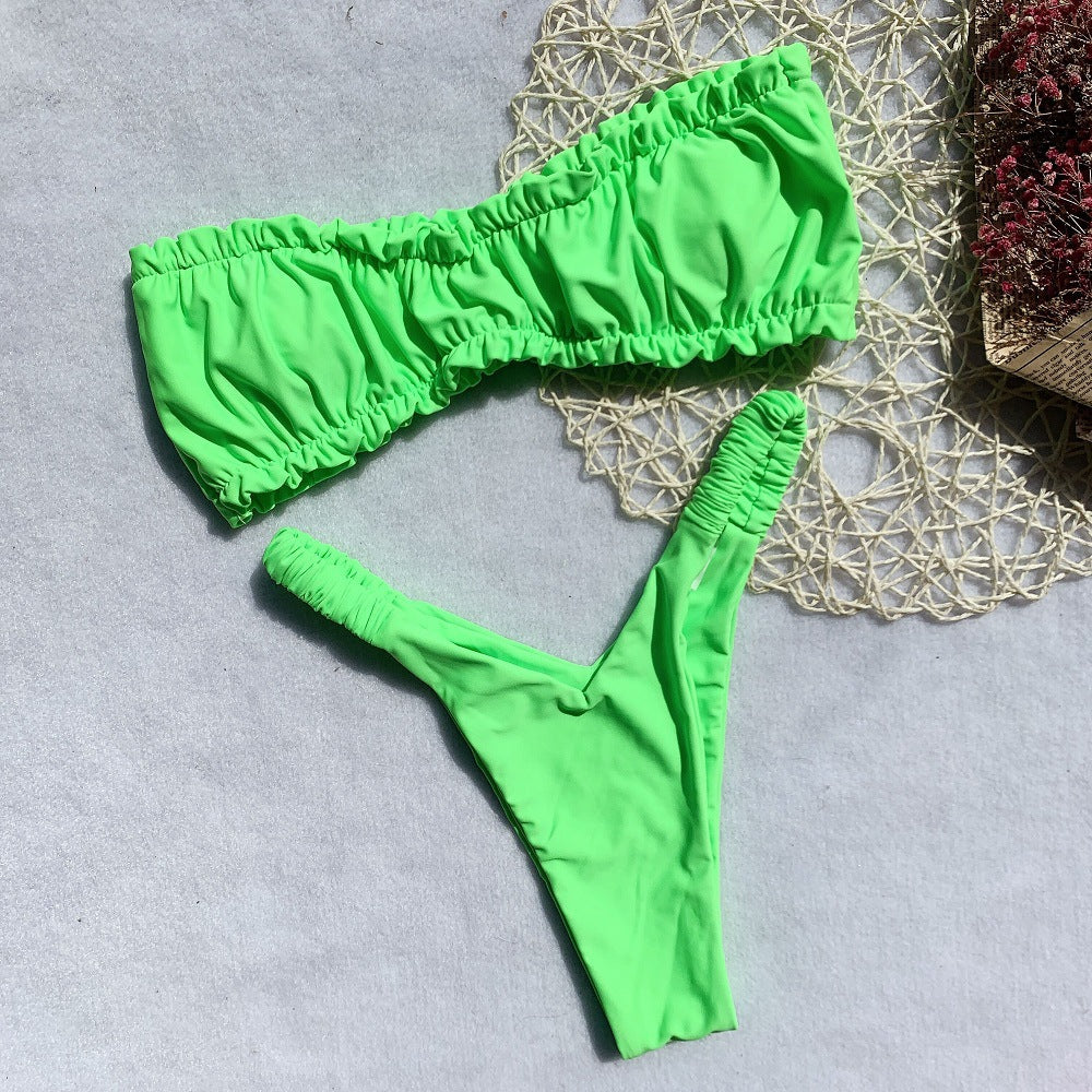 Solid Color Women's Split Chest Pad Swimsuit Bikini