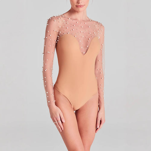 European And American Spring And Summer New Long Sleeve Inner Wear Foam Beads Stitching Jumpsuit
